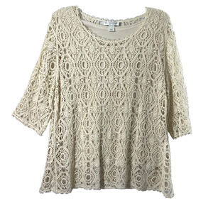 Christopher & Bank Open Crochet Top Womens Large‎ Beige Bohemian Blouse